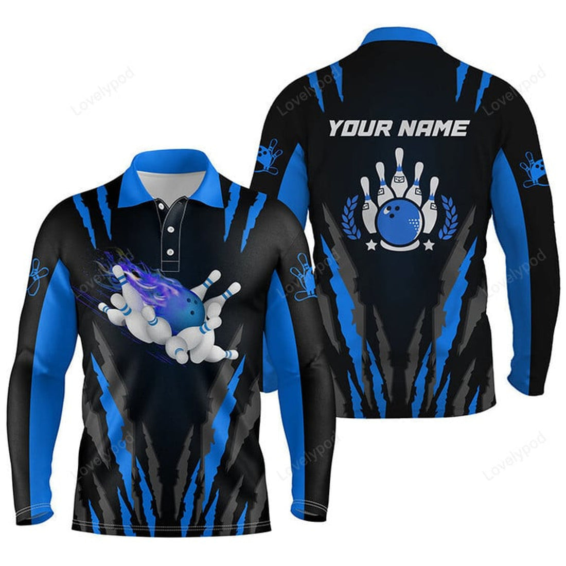 FUNSTUFFPRINT Bowling Long Sleeve Polo Shirts For Men, Custom Name Flame Bowling Ball And Pins Bowling Jerseys