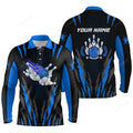 FUNSTUFFPRINT Bowling Long Sleeve Polo Shirts For Men, Custom Name Flame Bowling Ball And Pins Bowling Jerseys