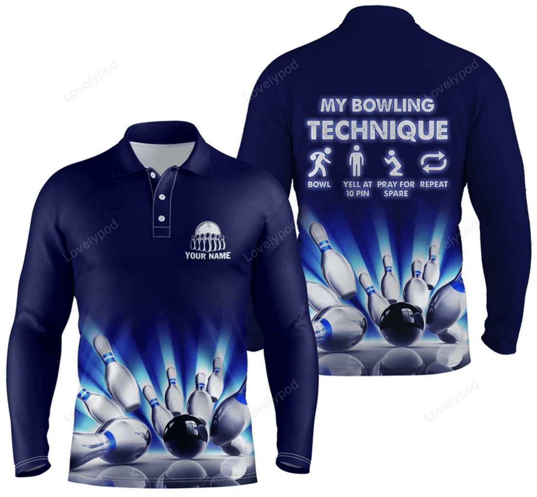 FUNSTUFFPRINT My Bowling Technique Custom Funny Bowling Long Sleeve Polo Shirts For Men, Personalized Team Bowling Jerseys
