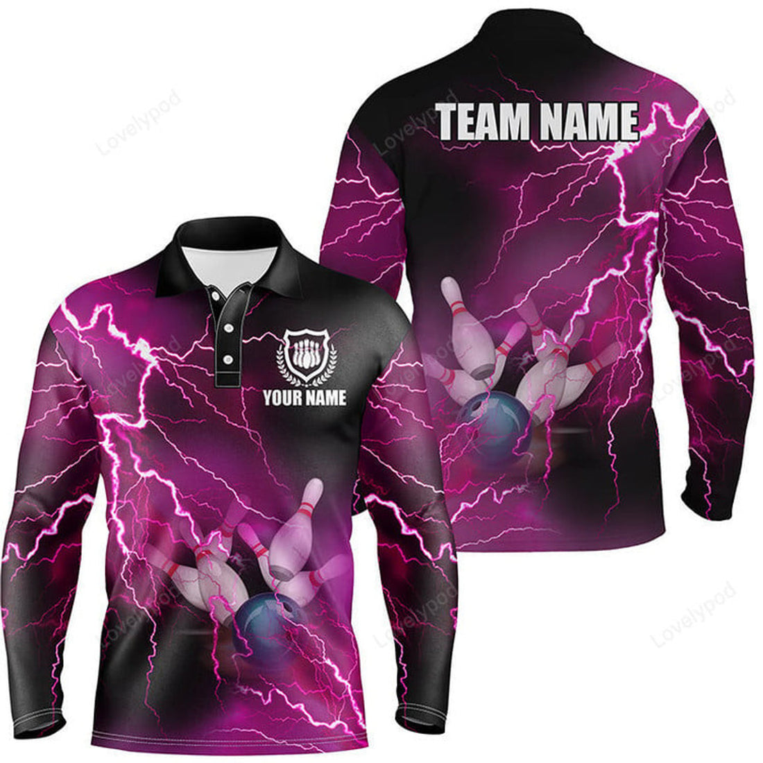 FUNSTUFFPRINT Men long sleeve polo bowling shirts, Custom pink lightning thunder Bowling Team Jersey, gift for team Bowlers