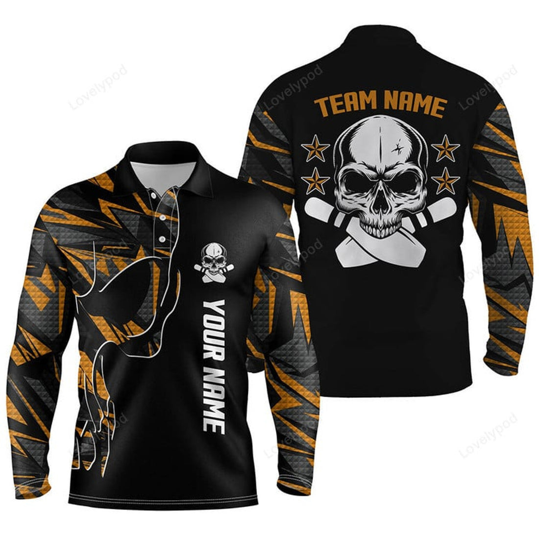 FUNSTUFFPRINT Orange Camo Black Bowling Long Sleeve Polo Shirts For Men, Custom Team Name Skull Bowling, Team Bowling Shirts