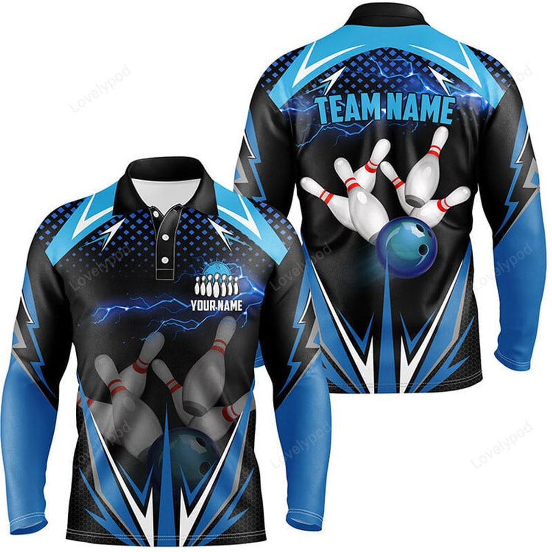 FUNSTUFFPRINT Black Men Bowling Long Sleeve Polo Shirt, Custom Blue Lightning Team Men Bowlers Jerseys Bowling Outfits