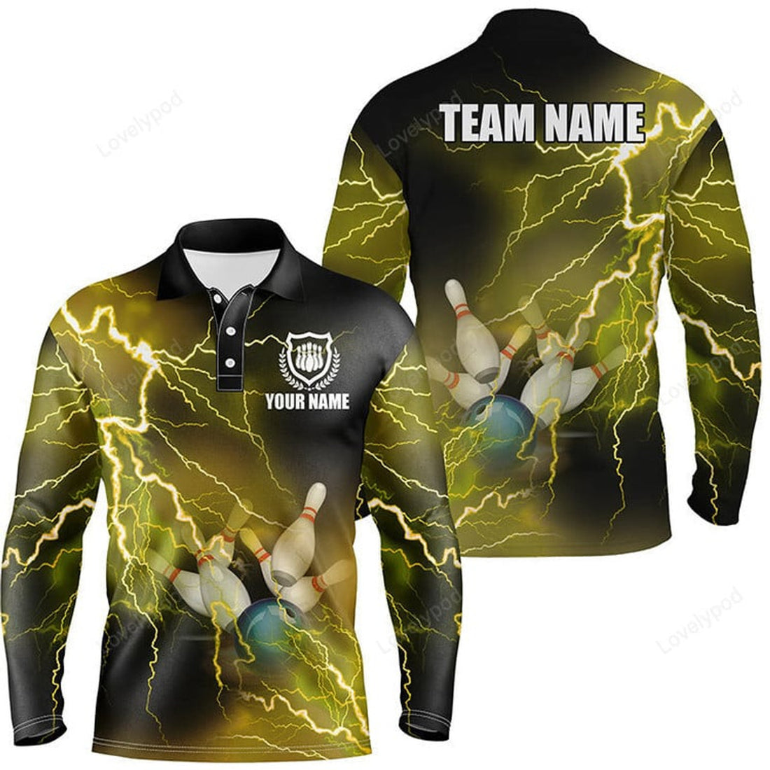 FUNSTUFFPRINT Men long sleeve polo bowling shirts, Custom yellow lightning thunder Bowling Team Jersey, gift for team Bowlers