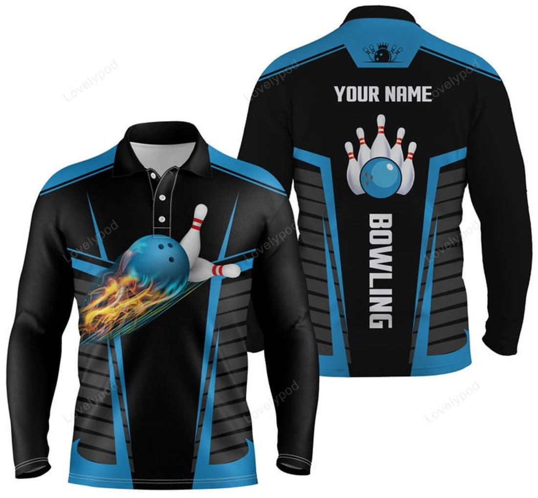 FUNSTUFFPRINT Customize bowling shirts for men with flame, bowling balls and pins black blue bowling jerseys