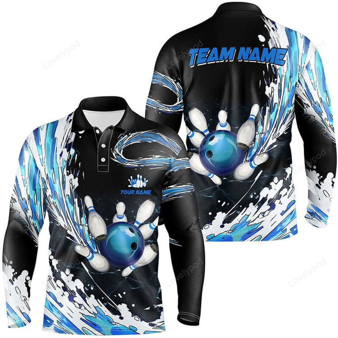 FUNSTUFFPRINT Blue Bowling Men Long Sleeve Polo Shirt, Custom Bowling Ball Pins Black Bowling Team League Jerseys