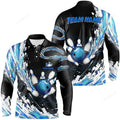 FUNSTUFFPRINT Blue Bowling Men Long Sleeve Polo Shirt, Custom Bowling Ball Pins Black Bowling Team League Jerseys