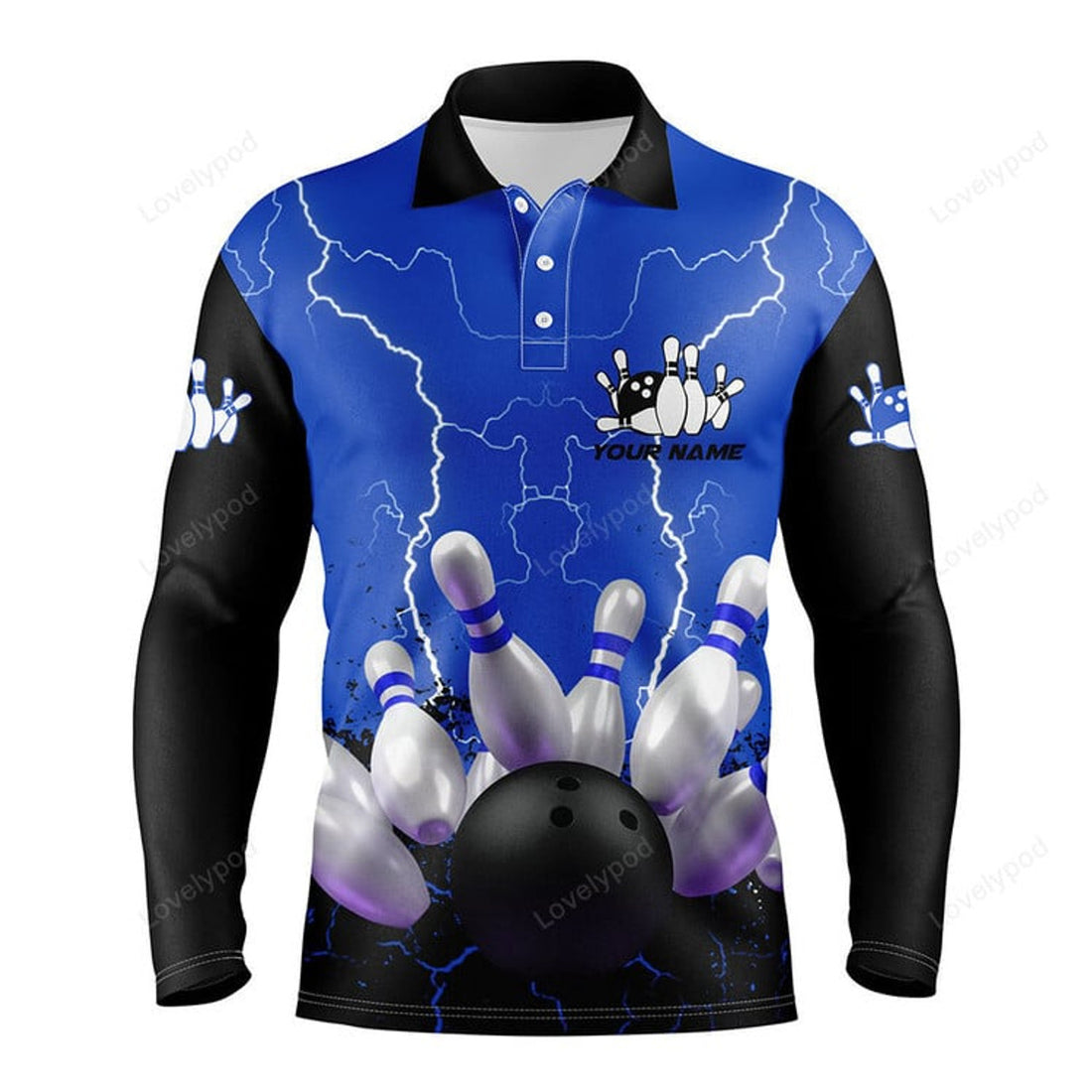 FUNSTUFFPRINT Blue lightning Men polo bowling shirts, Personalized men's bowling jerseys, bowling team jerseys