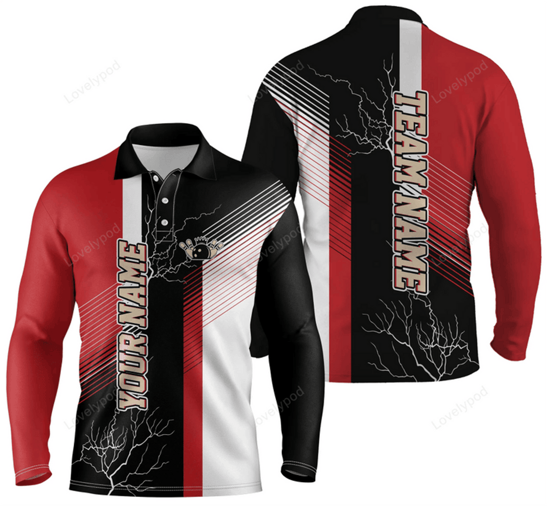FUNSTUFFPRINT Red And Black Plaid Pattern Custom Bowling Polo Shirts For Men, Team Bowling Long Sleeve Polo Shirt