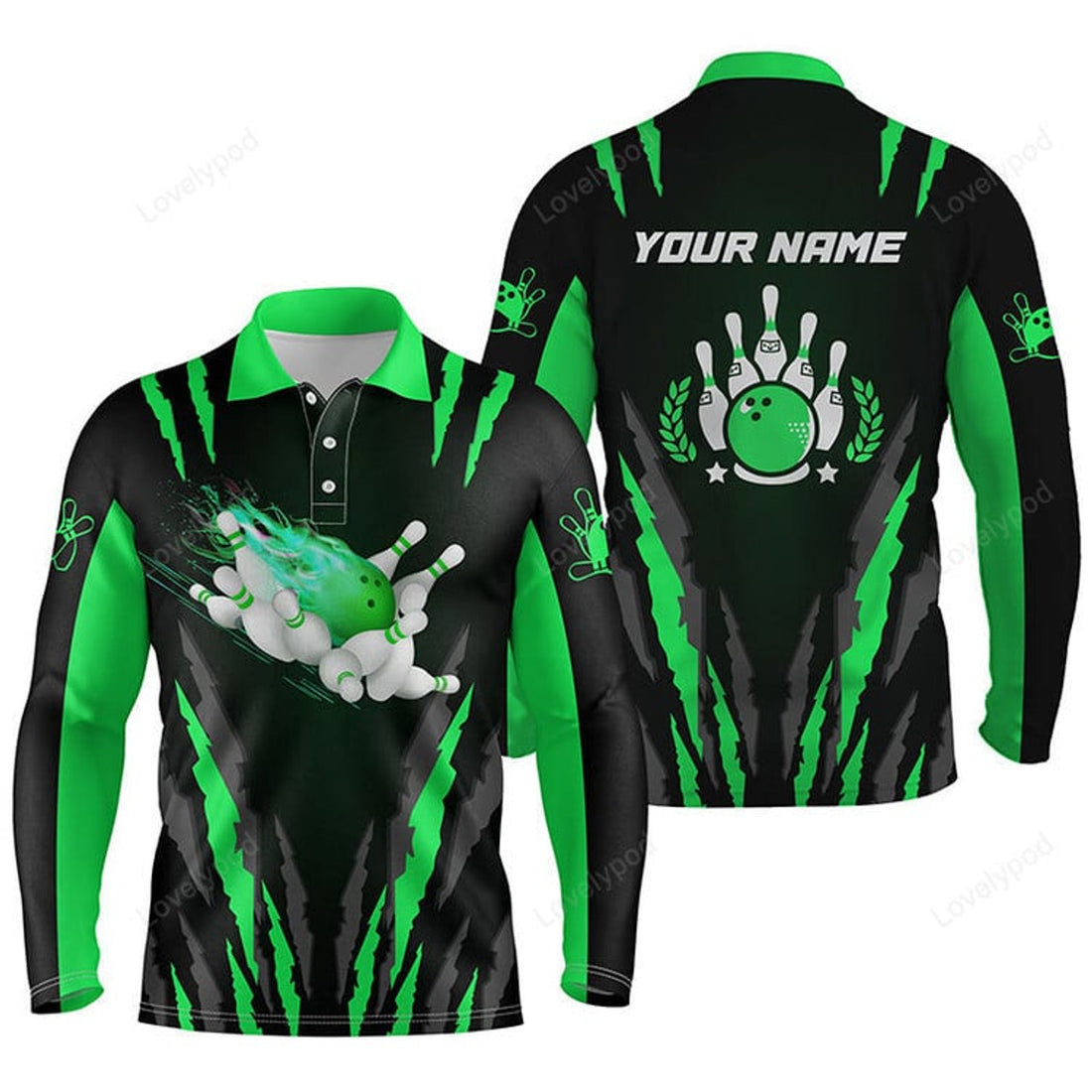FUNSTUFFPRINT Bowling Polo Shirts For Men Custom Name Flame Bowling Ball And Pins Bowling Long Sleeve Polo Shirt
