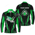 FUNSTUFFPRINT Bowling Polo Shirts For Men Custom Name Flame Bowling Ball And Pins Bowling Long Sleeve Polo Shirt