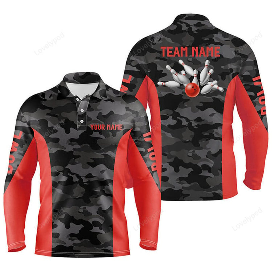 FUNSTUFFPRINT Men Bowling Long Sleeve Polo Shirt, Custom Gray Camo Bowling Team Jersey, Bowling Team League Shirt