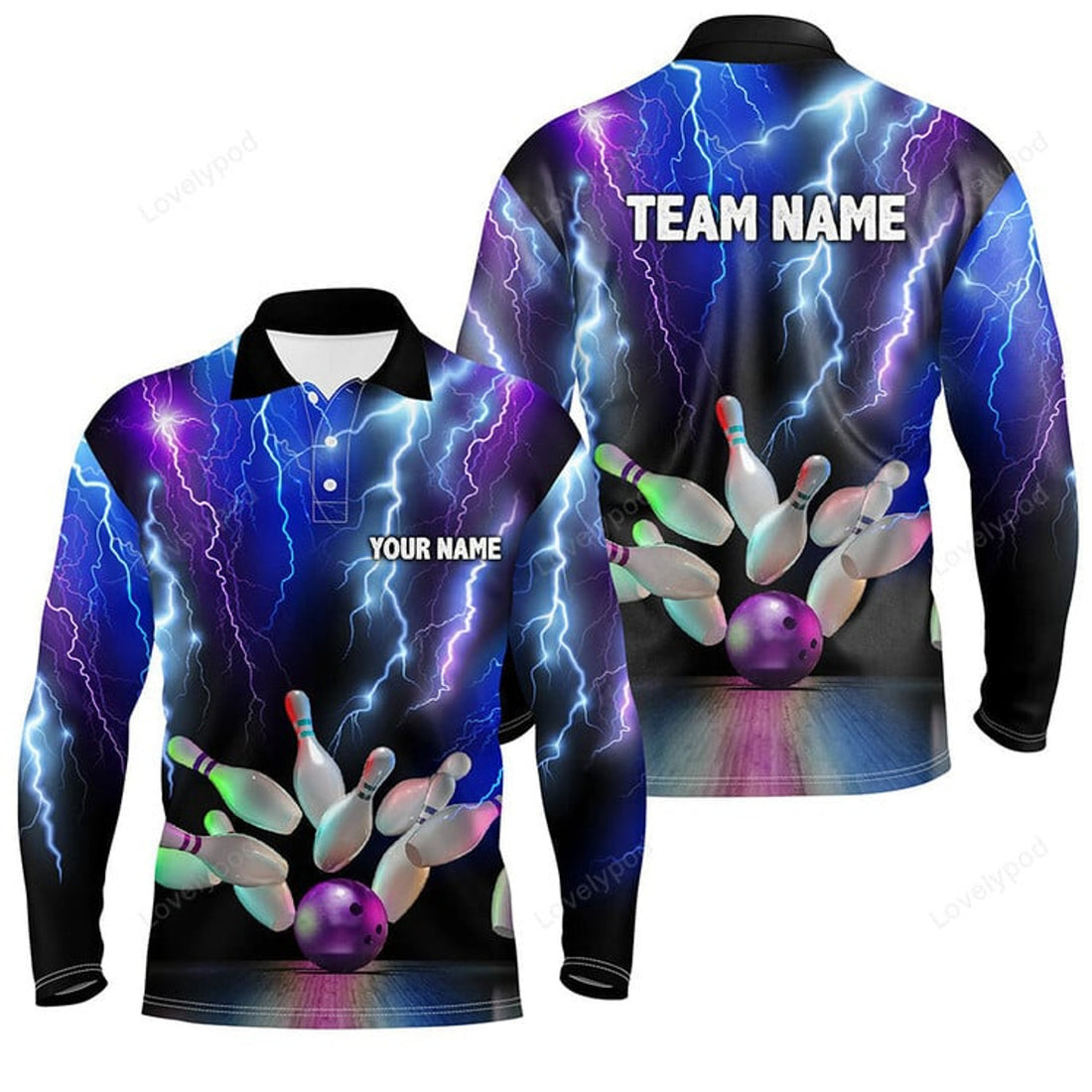 FUNSTUFFPRINT Custom Men long sleeve polo bowling shirt, colorful lightning thunder storm bowling team league jerseys