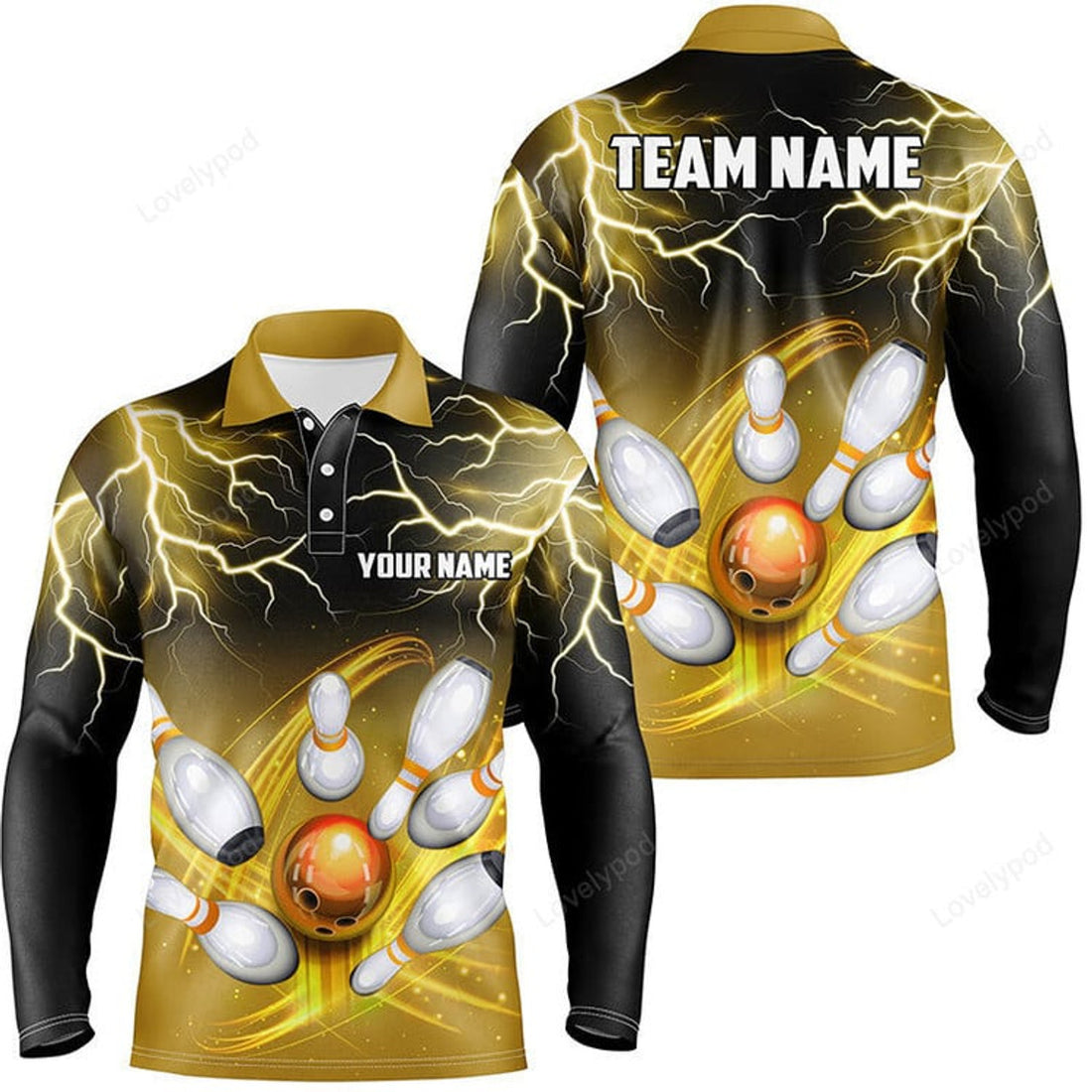 FUNSTUFFPRINT Men Bowling Long Sleeve Polo Shirt, Custom Black Yellow Bowling Lightning Thunder Team Bowling League Jersey