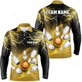 FUNSTUFFPRINT Men Bowling Long Sleeve Polo Shirt, Custom Black Yellow Bowling Lightning Thunder Team Bowling League Jersey