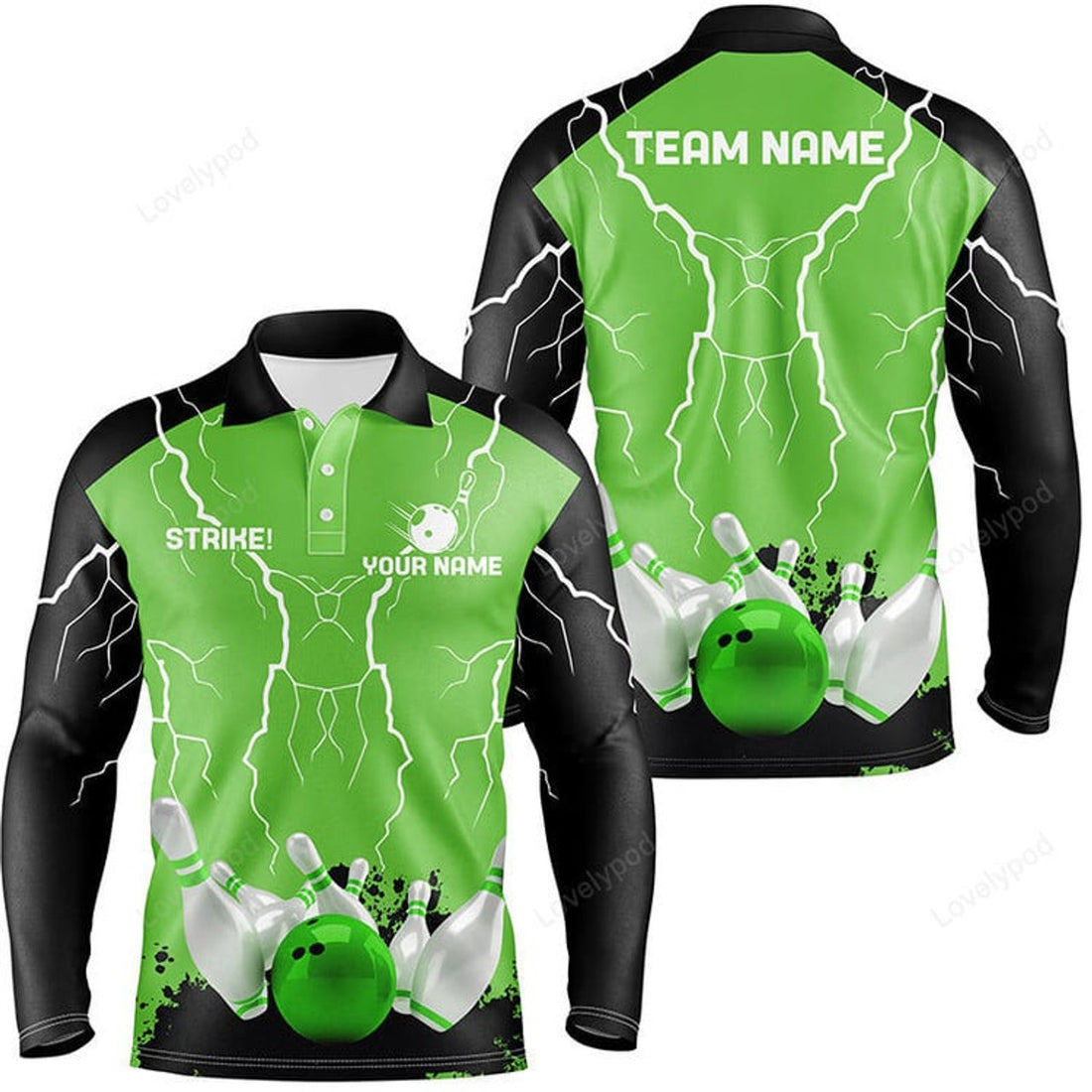 FUNSTUFFPRINT Custom Bowling Strike Lightning Storm Thunder Team Long Sleeve Polo Shirt