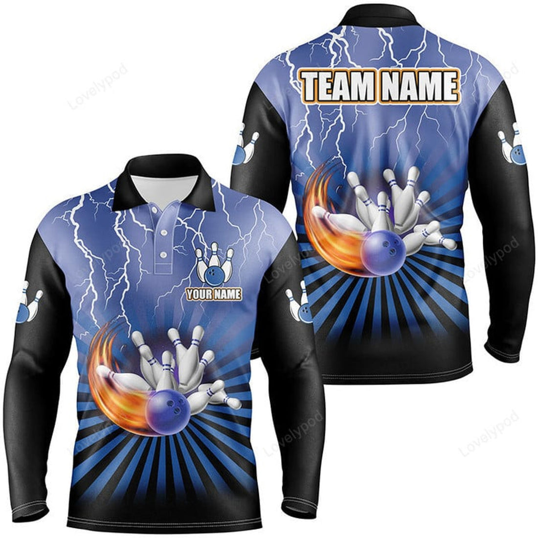 FUNSTUFFPRINT Men Bowling Polo Shirt, Custom Lightning Storm Vintage Bowling Team Long Sleeve Polo Shirt