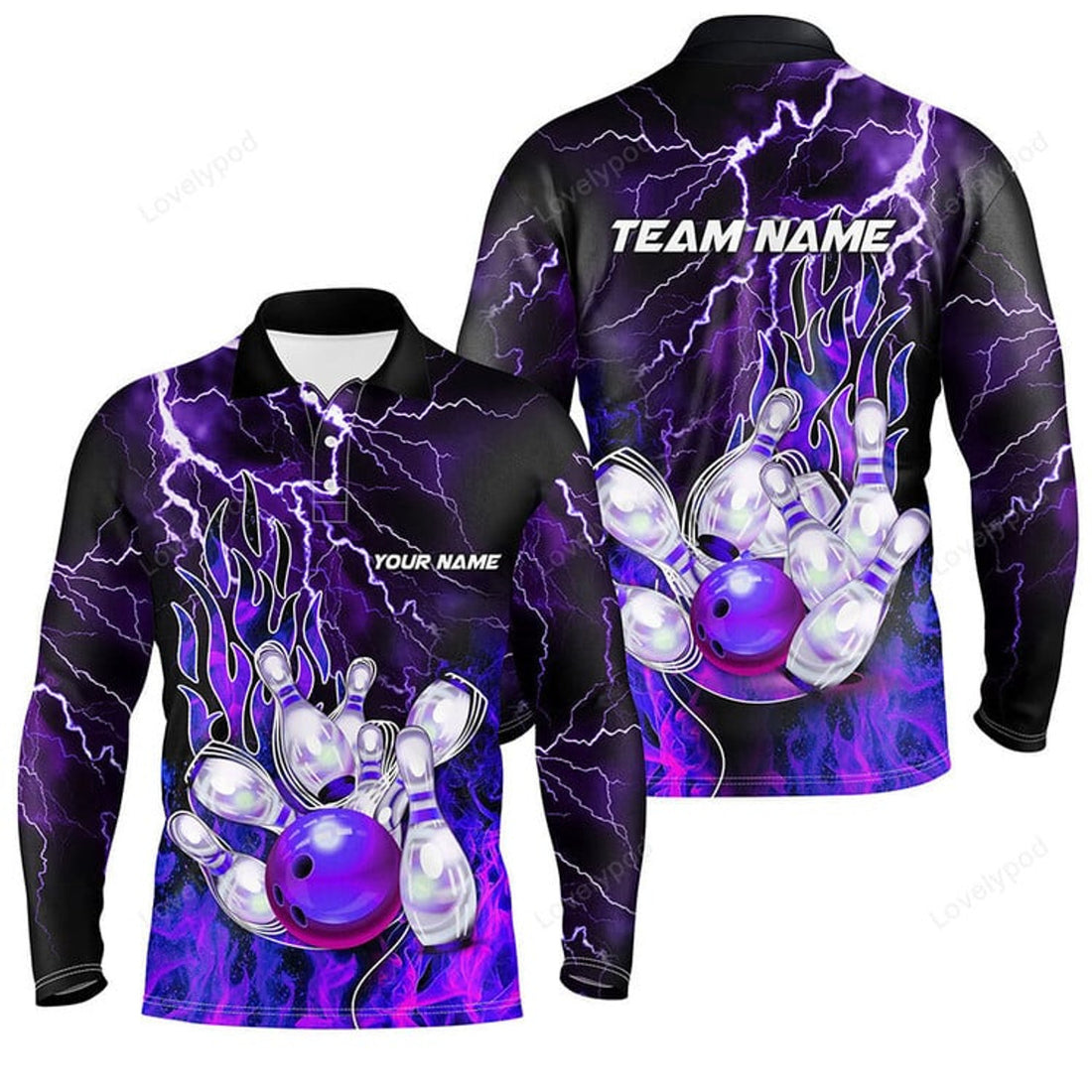 FUNSTUFFPRINT Men Bowling Polo Shirt, Custom Purple Lightning Thunder Bowling Team Long Sleeve Polo Shirt