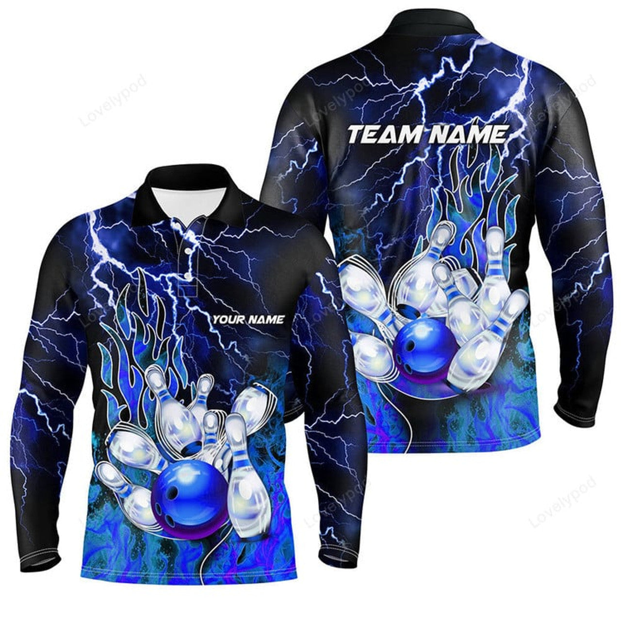 FUNSTUFFPRINT Personalized Men Bowling Polo Shirt, Flame Bowling Ball and Pins, bowling long sleeve for men bowlers