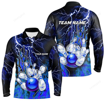 FUNSTUFFPRINT Personalized Men Bowling Polo Shirt, Flame Bowling Ball and Pins, bowling long sleeve for men bowlers