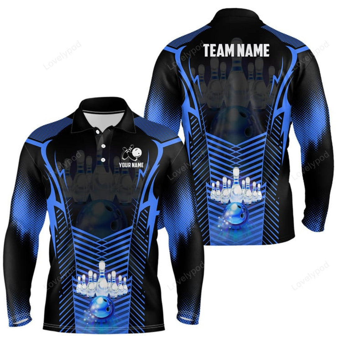 FUNSTUFFPRINT Personalized Men Bowling Polo Shirt, Flame Bowling Ball and Pins, bowling long sleeve for men bowlers