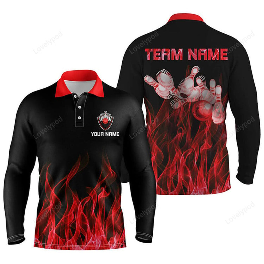 FUNSTUFFPRINT Personalized Men Bowling Polo Shirt, Flame Bowling Ball and Pins, bowling long sleeve for men bowlers