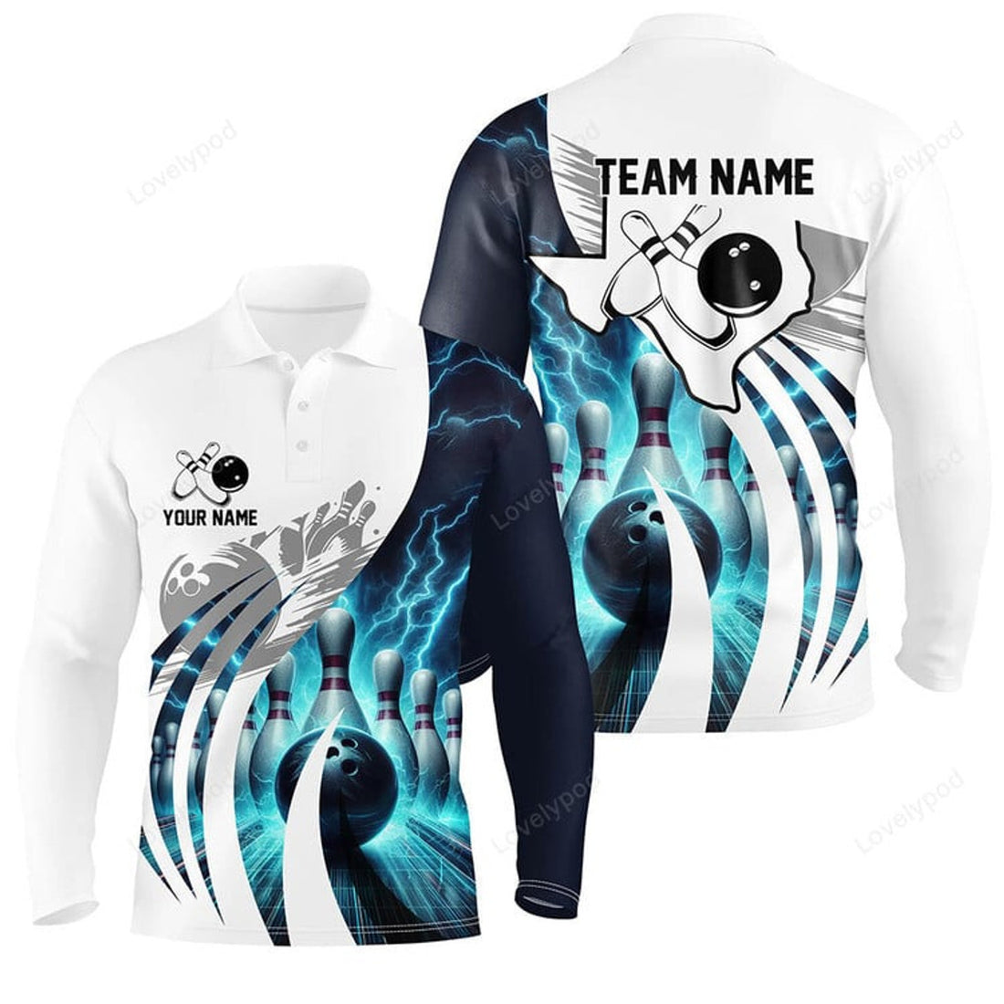 FUNSTUFFPRINT Personalized Men Bowling Polo Shirt, Flame Bowling Ball and Pins, bowling long sleeve for men bowlers