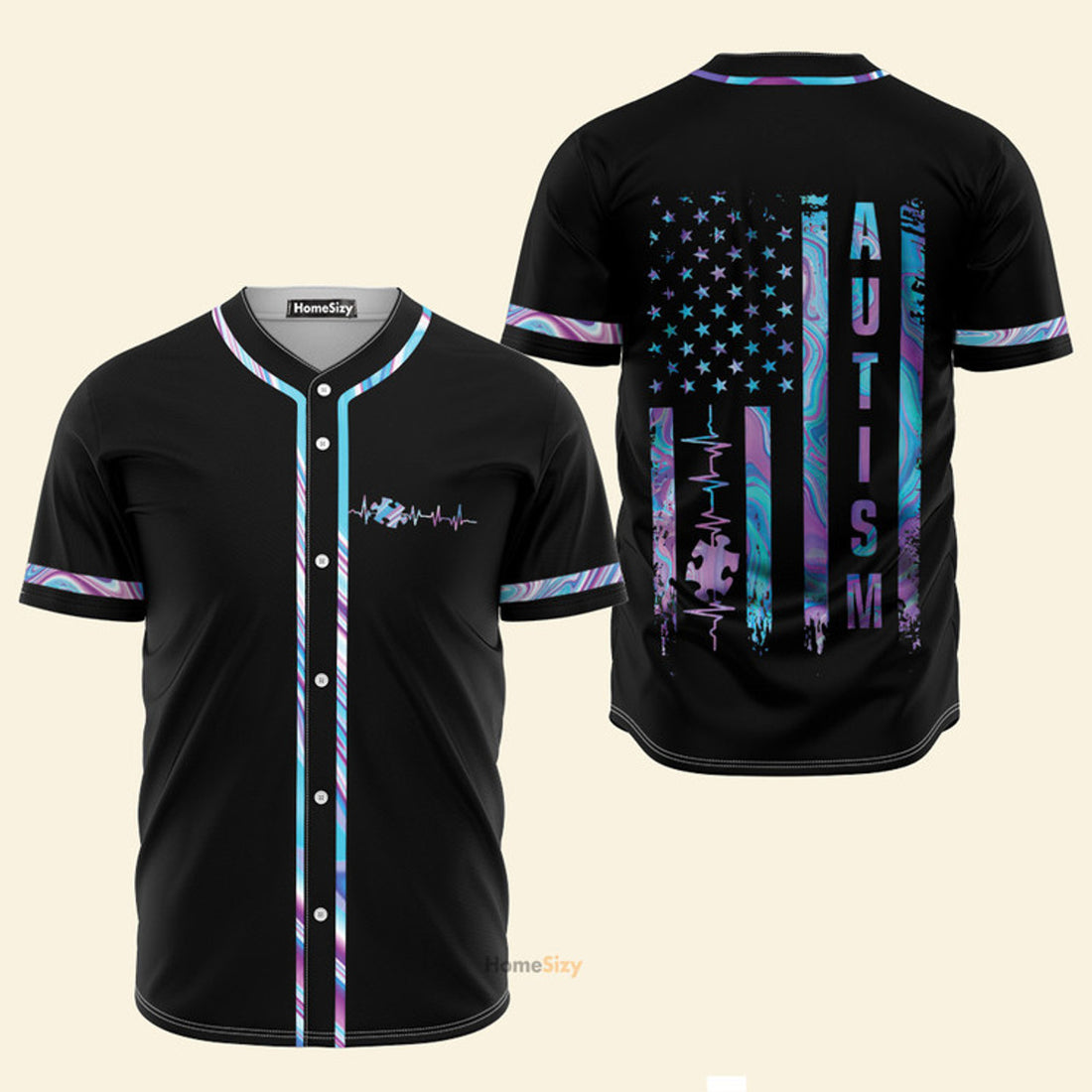 Autism Puzzle Hologram American Flag - Baseball Jersey