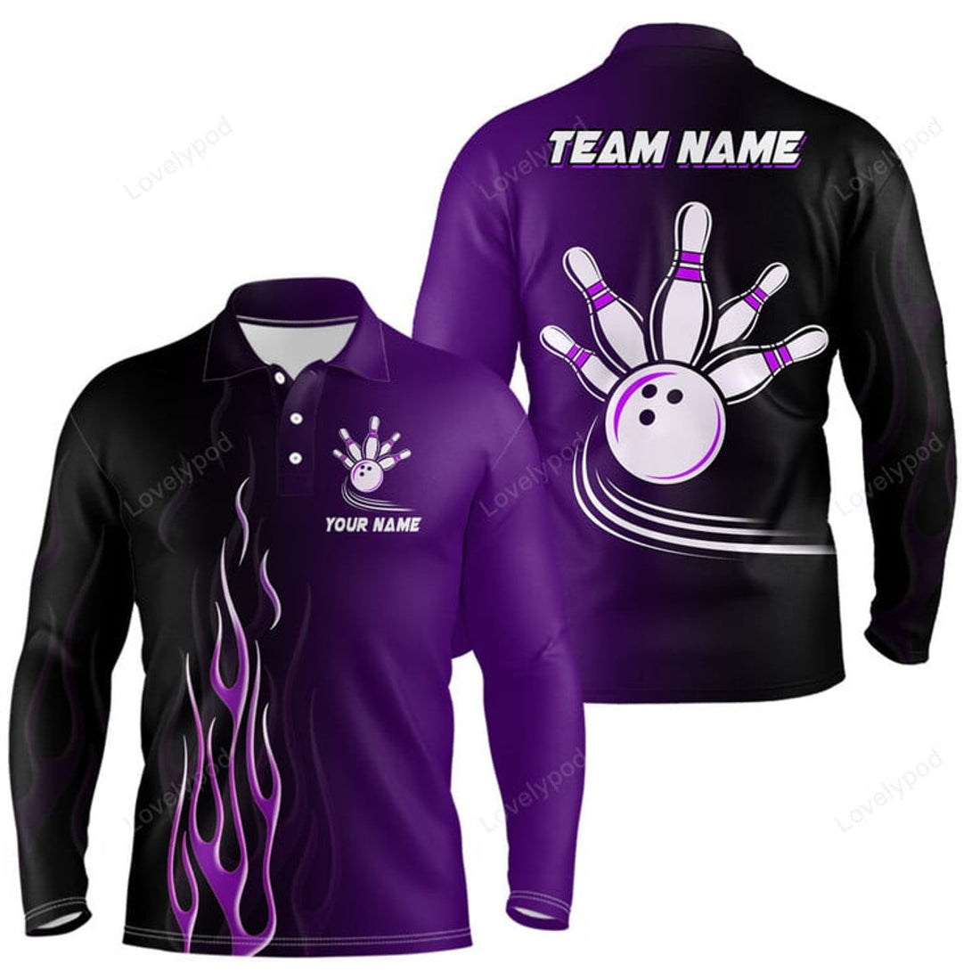 FUNSTUFFPRINT Black Retro Bowling Team Shirt, Custom Men Bowling Long Sleeve Polo Shirt, Bowling Gifts For Him