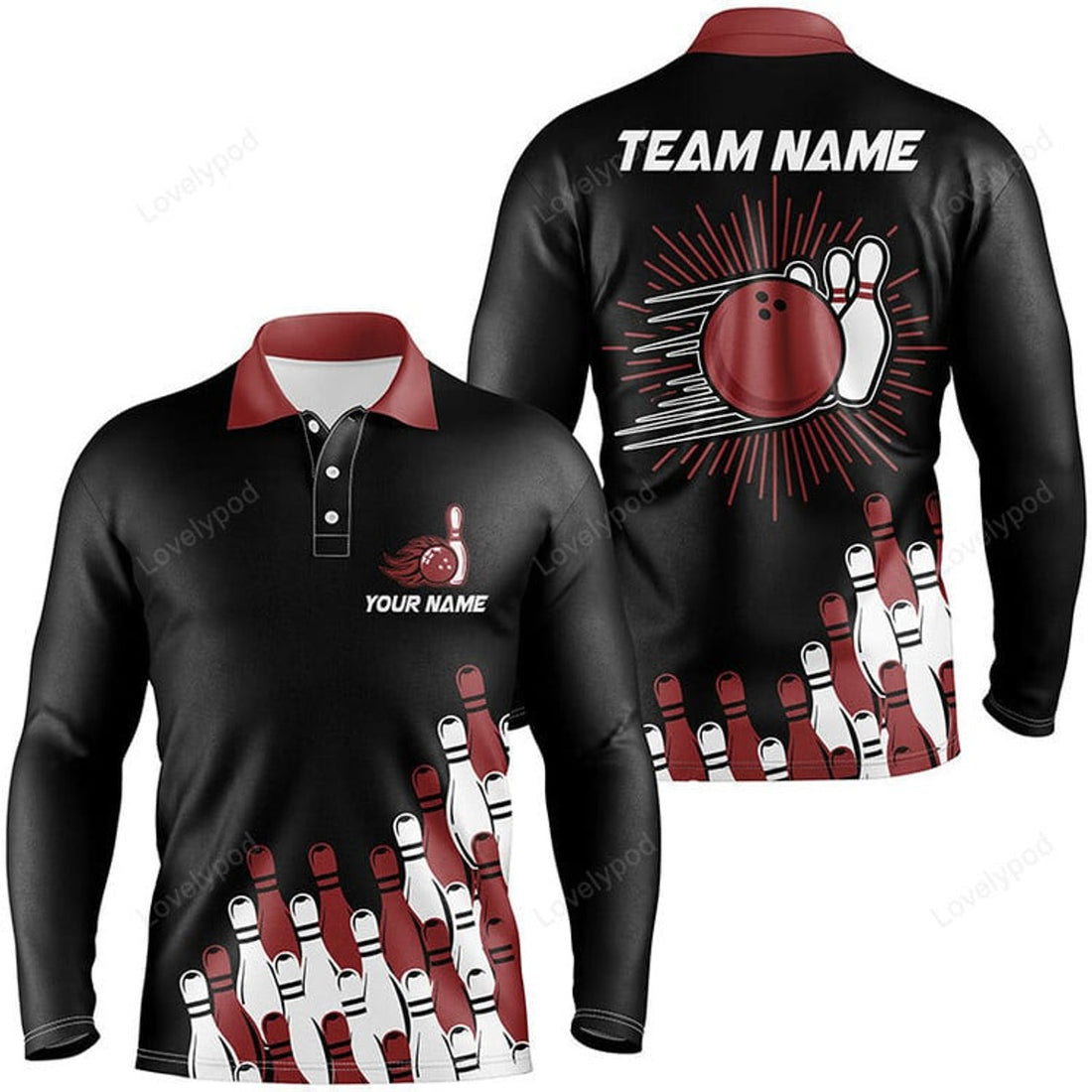 FUNSTUFFPRINT Black Retro Bowling Team Shirt, Custom Men Bowling Long Sleeve Polo Shirt, Bowling Gifts For Him