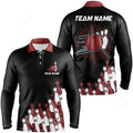 FUNSTUFFPRINT Black Retro Bowling Team Shirt, Custom Men Bowling Long Sleeve Polo Shirt, Bowling Gifts For Him