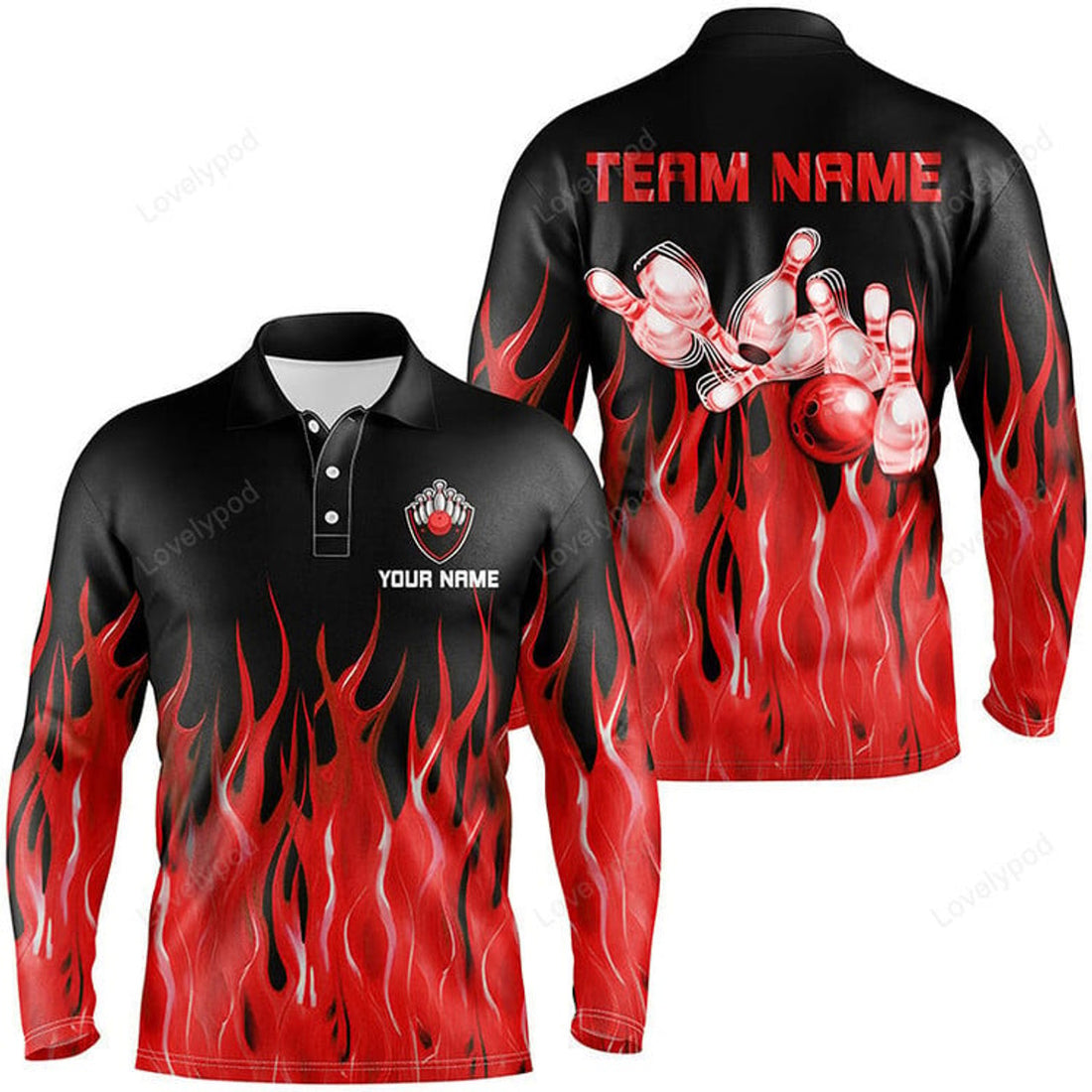 FUNSTUFFPRINT Black Retro Bowling Team Shirt, Custom Men Bowling Long Sleeve Polo Shirt, Bowling Gifts For Him