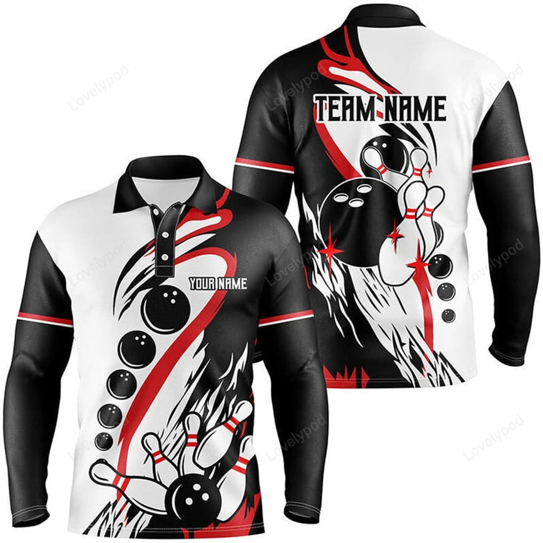 FUNSTUFFPRINT Black Retro Bowling Team Shirt, Custom Men Bowling Long Sleeve Polo Shirt, Bowling Gifts For Him