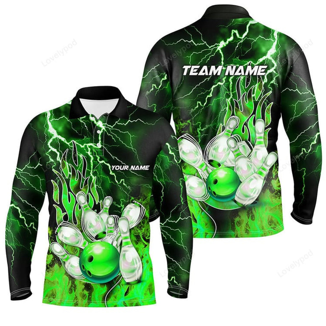 FUNSTUFFPRINT Black Retro Bowling Team Shirt, Custom Men Bowling Long Sleeve Polo Shirt, Bowling Gifts For Him