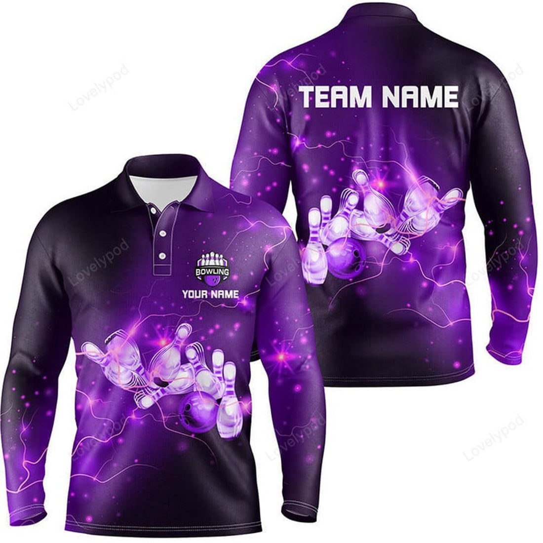 FUNSTUFFPRINT Custom Purple Flashes Of Lightning Thunder Bowling Team Long Sleeve Polo Shirt