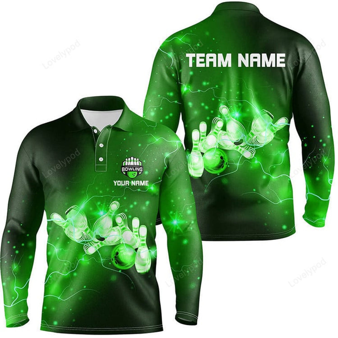 FUNSTUFFPRINT Custom Purple Flashes Of Lightning Thunder Bowling Team Long Sleeve Polo Shirt