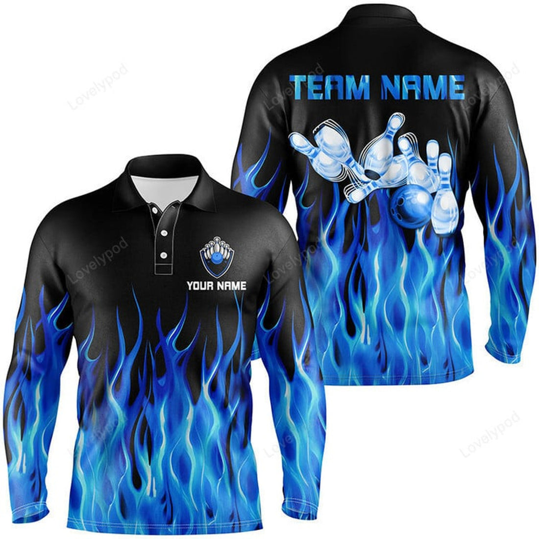 FUNSTUFFPRINT Custom Purple Flashes Of Lightning Thunder Bowling Team Long Sleeve Polo Shirt