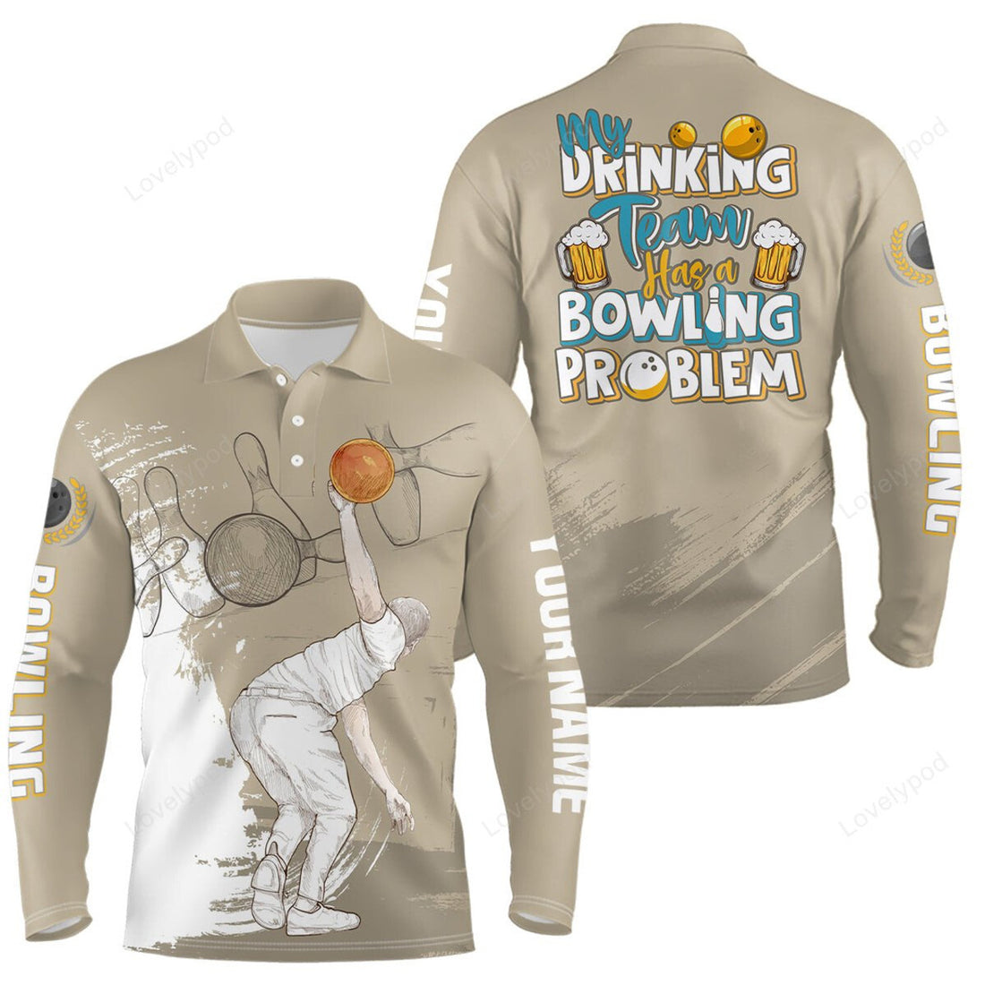 FUNSTUFFPRINT Custom Purple Flashes Of Lightning Thunder Bowling Team Long Sleeve Polo Shirt