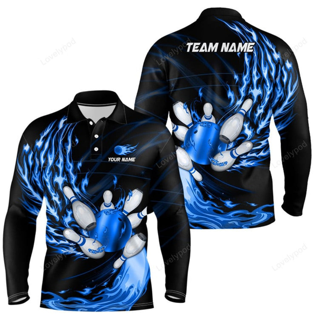 FUNSTUFFPRINT Men Bowling Long Sleeve Polo Shirts, Custom Blue Flame Bowling Ball And Pins Team League Bowler Jerseys