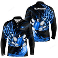 FUNSTUFFPRINT Men Bowling Long Sleeve Polo Shirts, Custom Blue Flame Bowling Ball And Pins Team League Bowler Jerseys