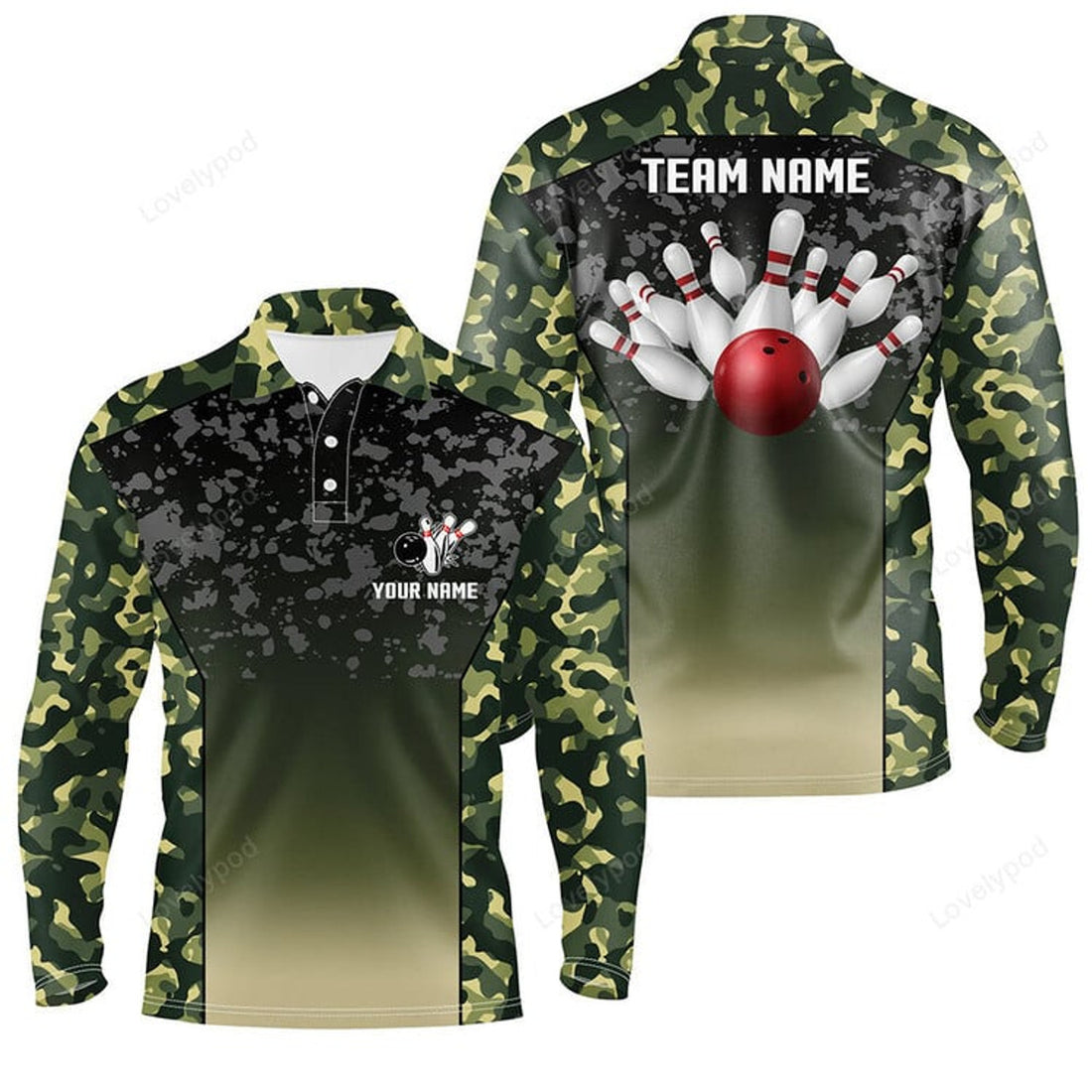 FUNSTUFFPRINT Men Bowling Long Sleeve Polo Shirts, Custom Blue Flame Bowling Ball And Pins Team League Bowler Jerseys