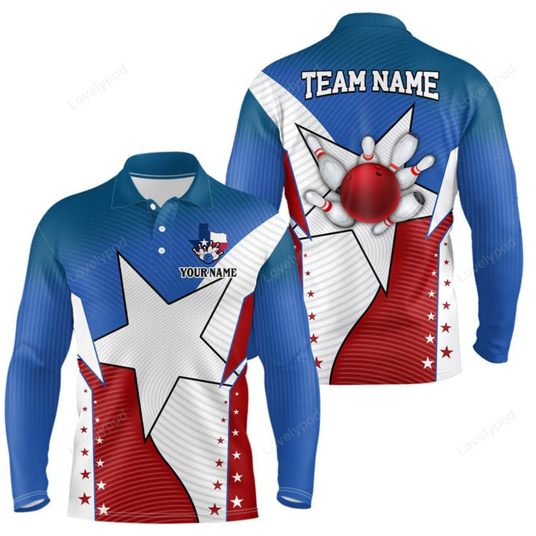 FUNSTUFFPRINT Men Bowling Long Sleeve Polo Shirts, Custom Blue Flame Bowling Ball And Pins Team League Bowler Jerseys
