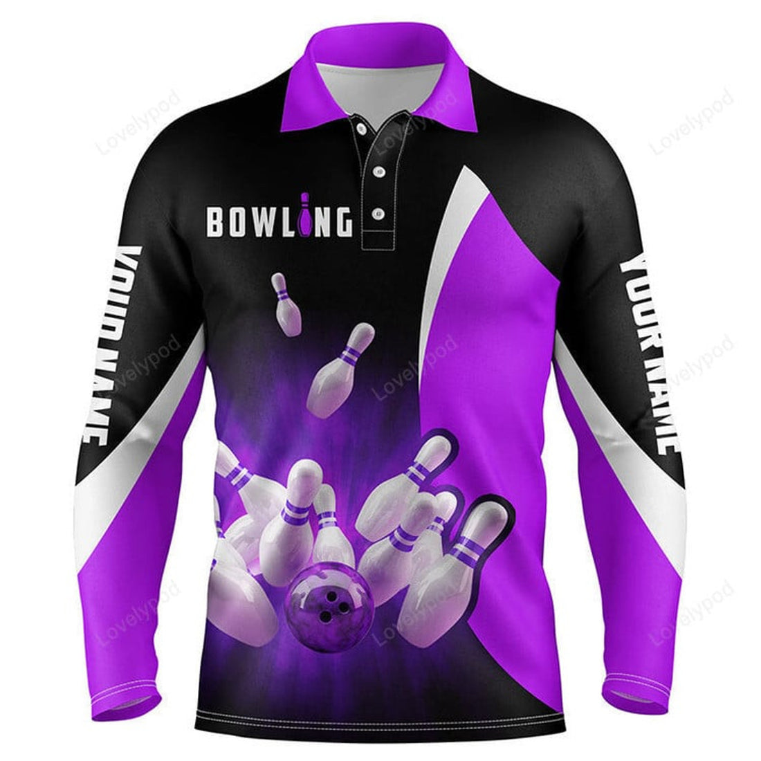 FUNSTUFFPRINT Men Bowling Long Sleeve Polo Shirts, Custom Blue Flame Bowling Ball And Pins Team League Bowler Jerseys