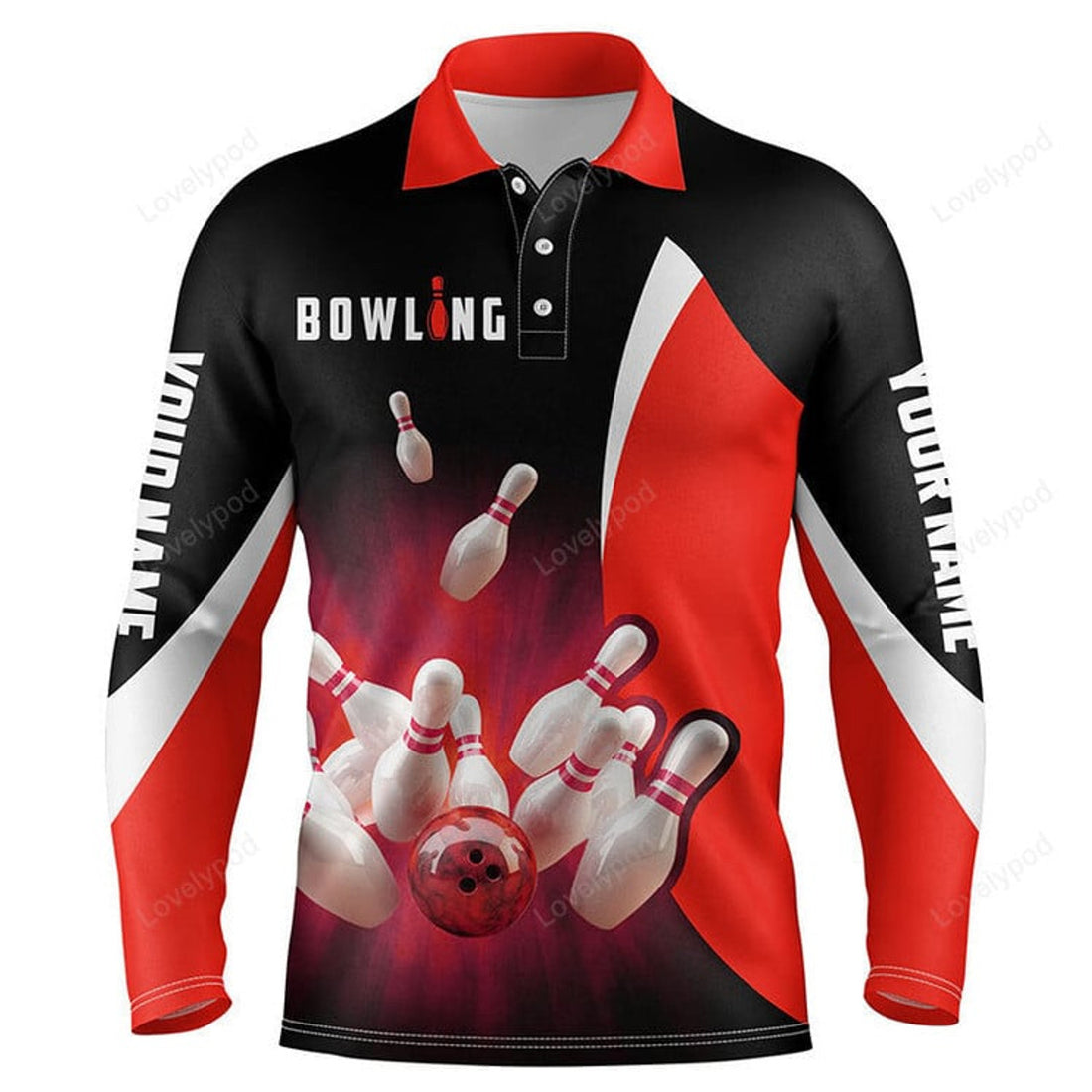 FUNSTUFFPRINT Men Bowling Long Sleeve Polo Shirts, Custom Blue Flame Bowling Ball And Pins Team League Bowler Jerseys