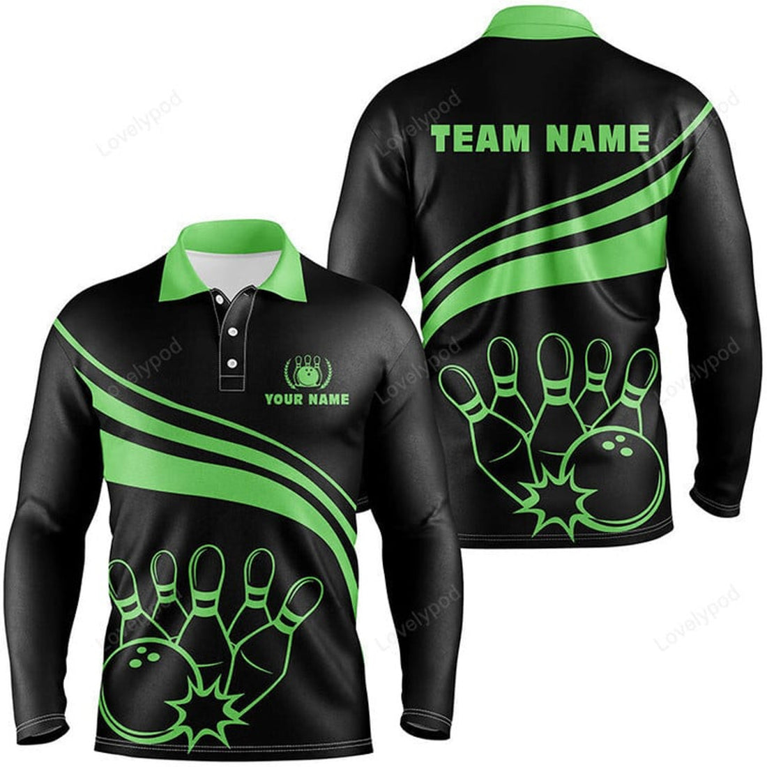 FUNSTUFFPRINT Personalized black bowling polo shirts for men, custom men's bowling Long Sleeve T-Shirt