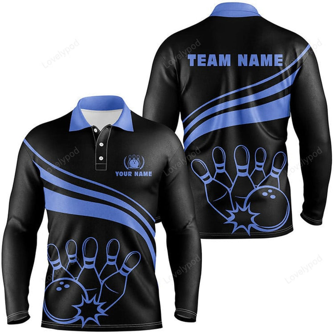 FUNSTUFFPRINT Personalized black bowling polo shirts for men, custom men's bowling Long Sleeve T-Shirt