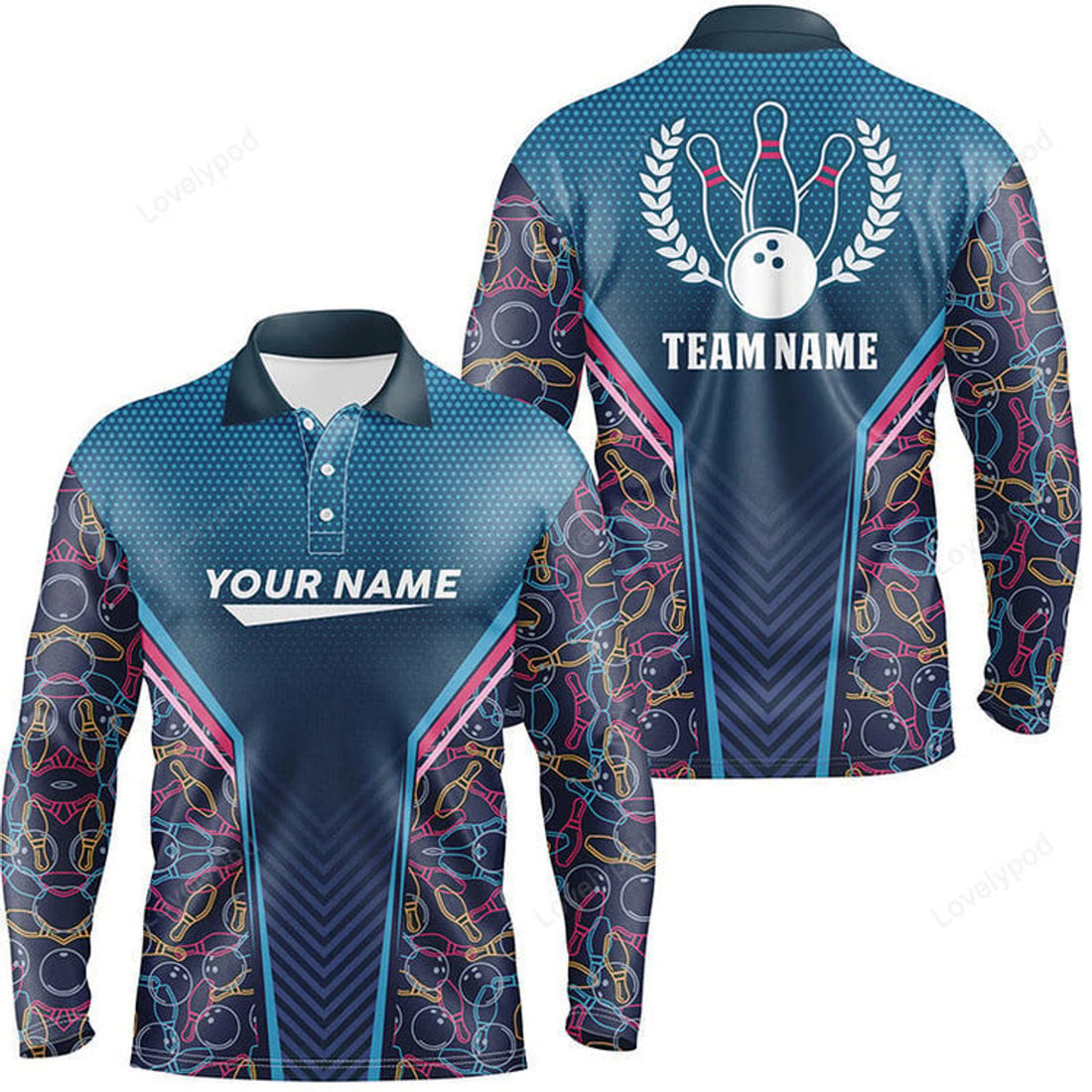 FUNSTUFFPRINT Personalized black bowling polo shirts for men, custom men's bowling Long Sleeve T-Shirt