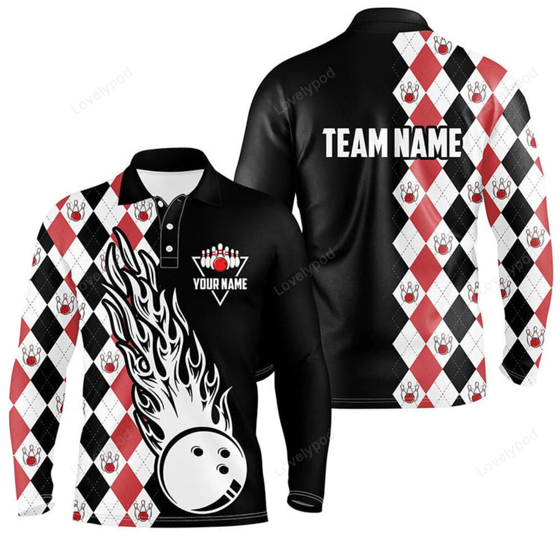FUNSTUFFPRINT Personalized black bowling polo shirts for men, custom men's bowling Long Sleeve T-Shirt