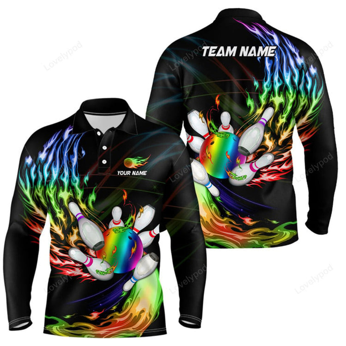 FUNSTUFFPRINT Personalized black bowling polo shirts for men, custom men's bowling Long Sleeve T-Shirt