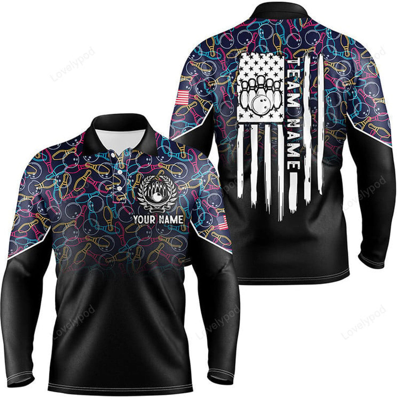 FUNSTUFFPRINT Black bowling camo Men polo bowling shirts, Custom American flag patriotic bowling team league jerseys-SLSPS-10089
