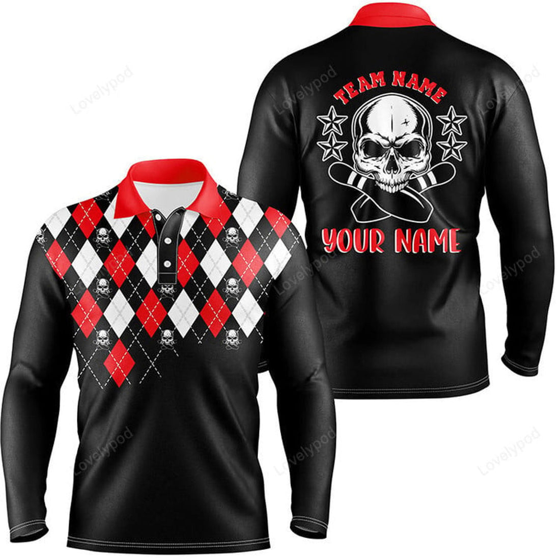 FUNSTUFFPRINT Black Red Argyle Pattern Bowling Skull Custom Bowling Long Sleeve Polo Shirts For Men, Bowling Jerseys